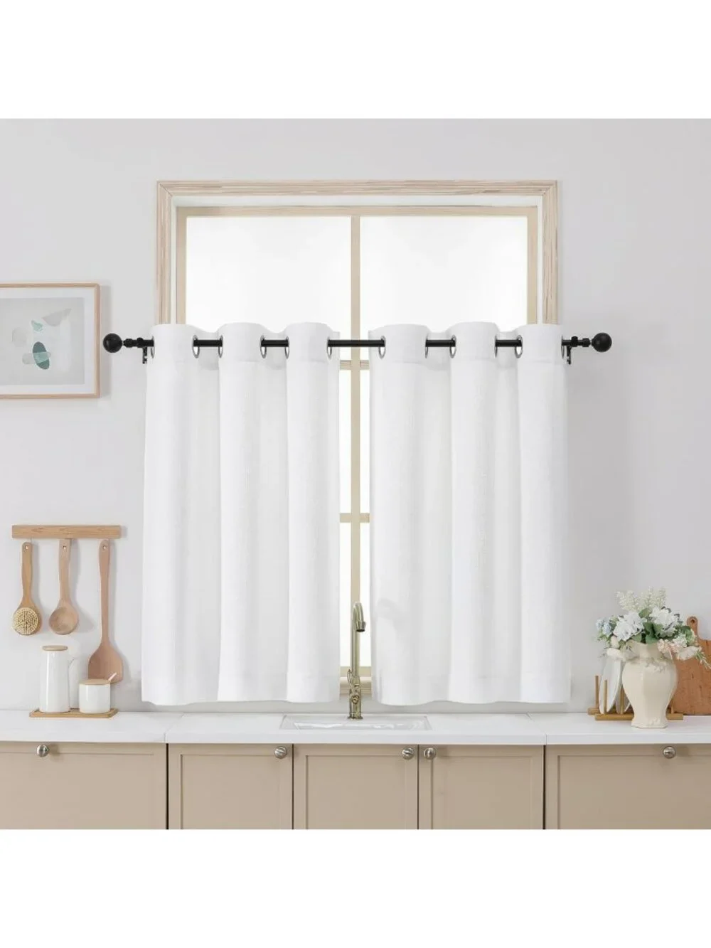 Light Filtering Faux Linen White Curtains, 36